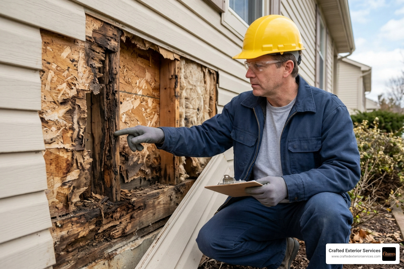 Contractor inspecting structural wall rot behind siding Contractor inspecting structural wall rot behind siding