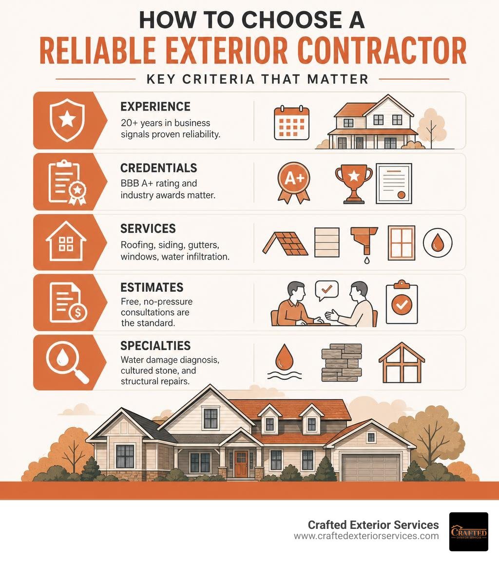 Infographic comparing key criteria for choosing a reliable exterior contractor infographic Infographic comparing key criteria for choosing a reliable exterior contractor infographic