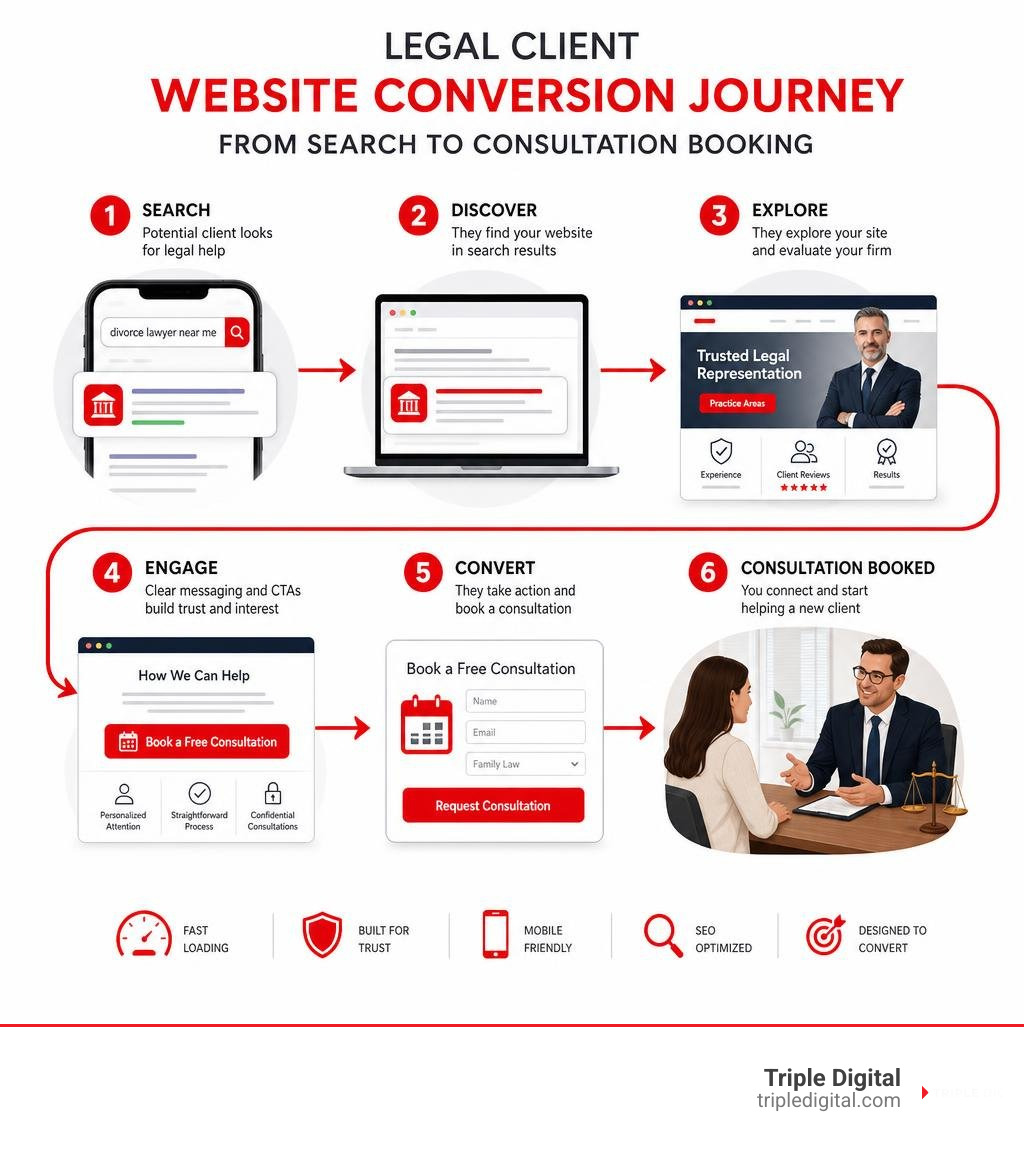 Legal client website conversion journey from search to consultation booking infographic Legal client website conversion journey from search to consultation booking infographic