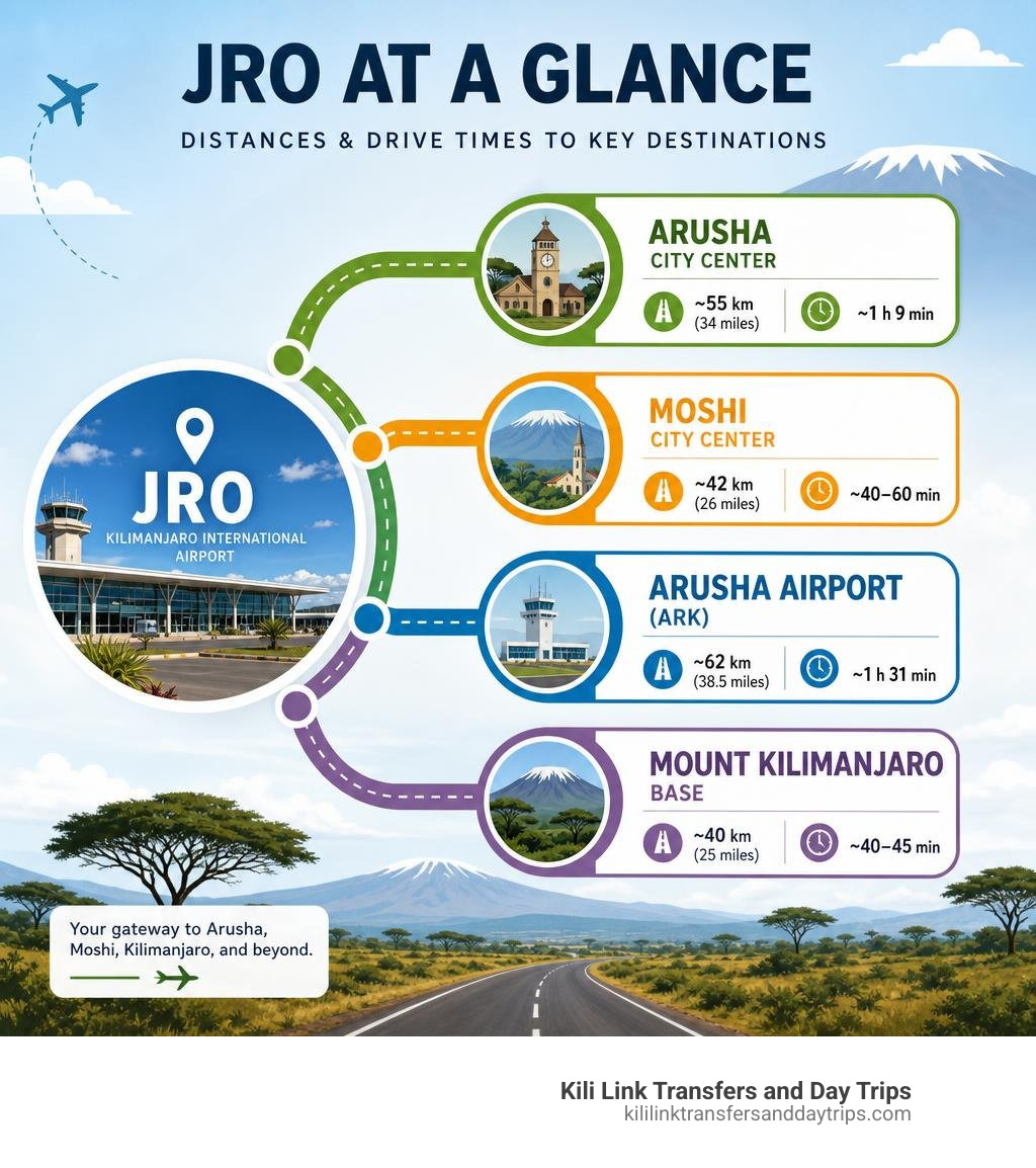 Infographic showing distances and drive times from JRO to Arusha, Moshi, ARK, and Kilimanjaro base infographic