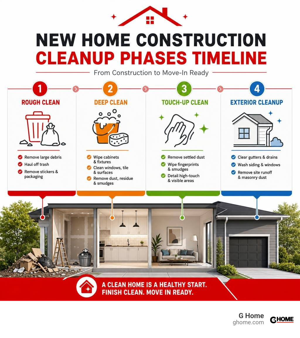 New home construction cleanup phases timeline infographic showing rough clean, deep clean, touch-up, and exterior steps New home construction cleanup phases timeline infographic showing rough clean, deep clean, touch-up, and exterior steps