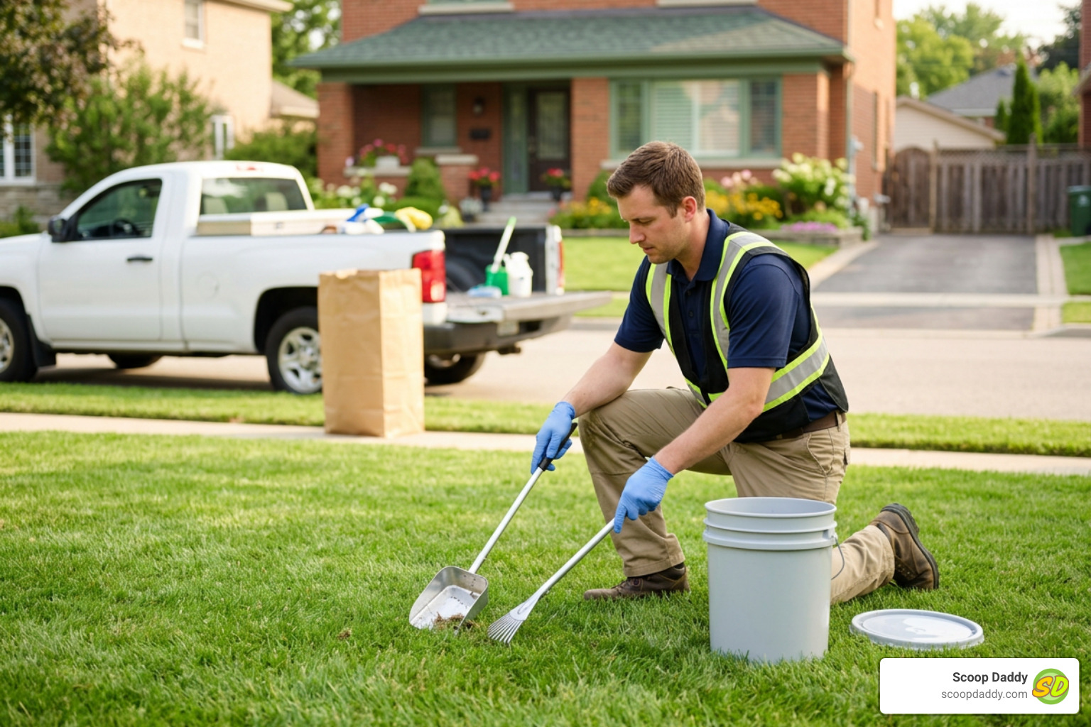 Professional dog poop yard cleanup technician keeping a residential lawn clean Professional dog poop yard cleanup technician keeping a residential lawn clean