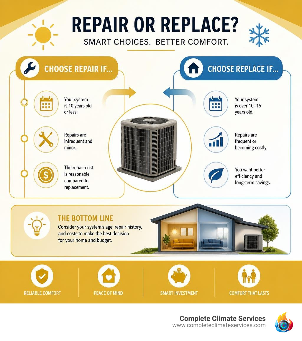 Infographic comparing repair vs replacement costs based on system age and repair frequency infographic