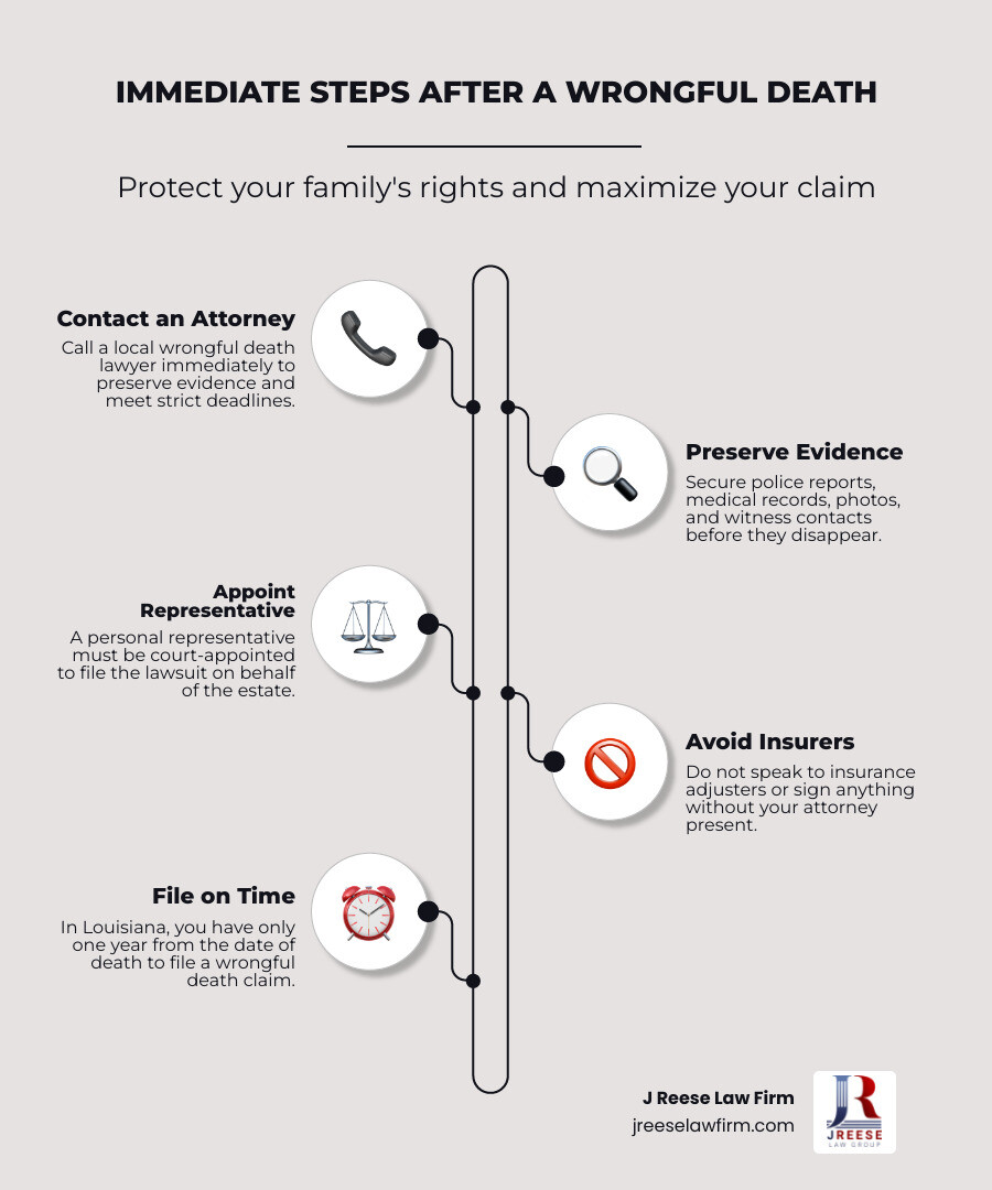 Immediate steps after wrongful death infographic: call attorney, preserve evidence, open estate, meet deadlines, avoid Immediate steps after wrongful death infographic: call attorney, preserve evidence, open estate, meet deadlines, avoid