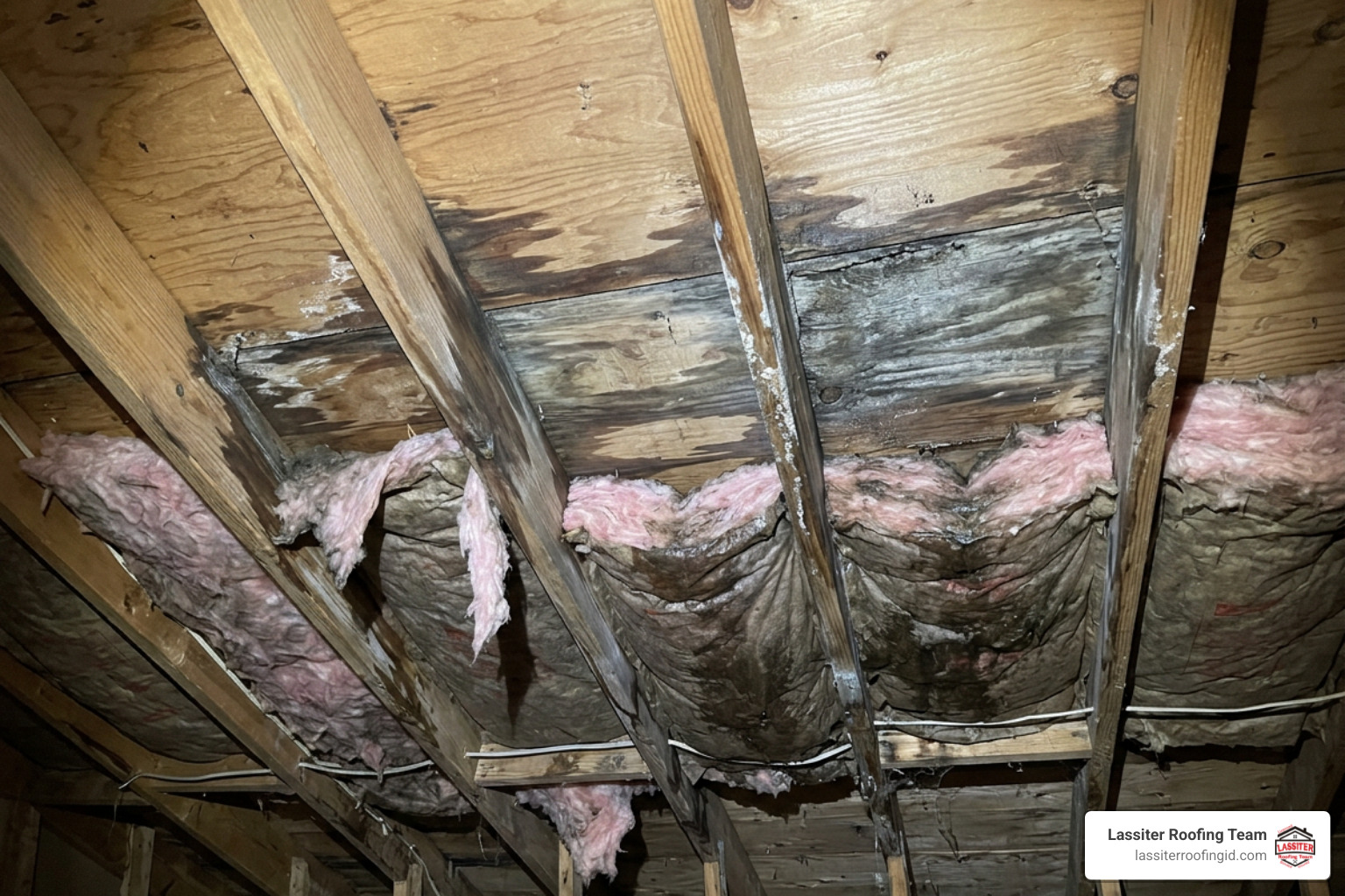 Flat roof water damage on ceiling joists and wet insulation