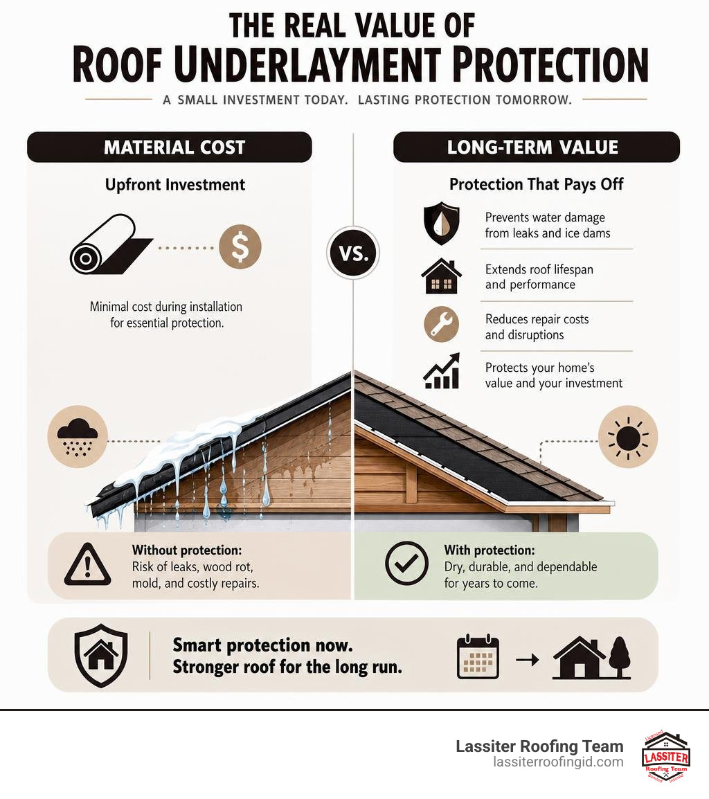 Infographic breaking down material cost vs long term value of roof underlayment protection infographic Infographic breaking down material cost vs long term value of roof underlayment protection infographic