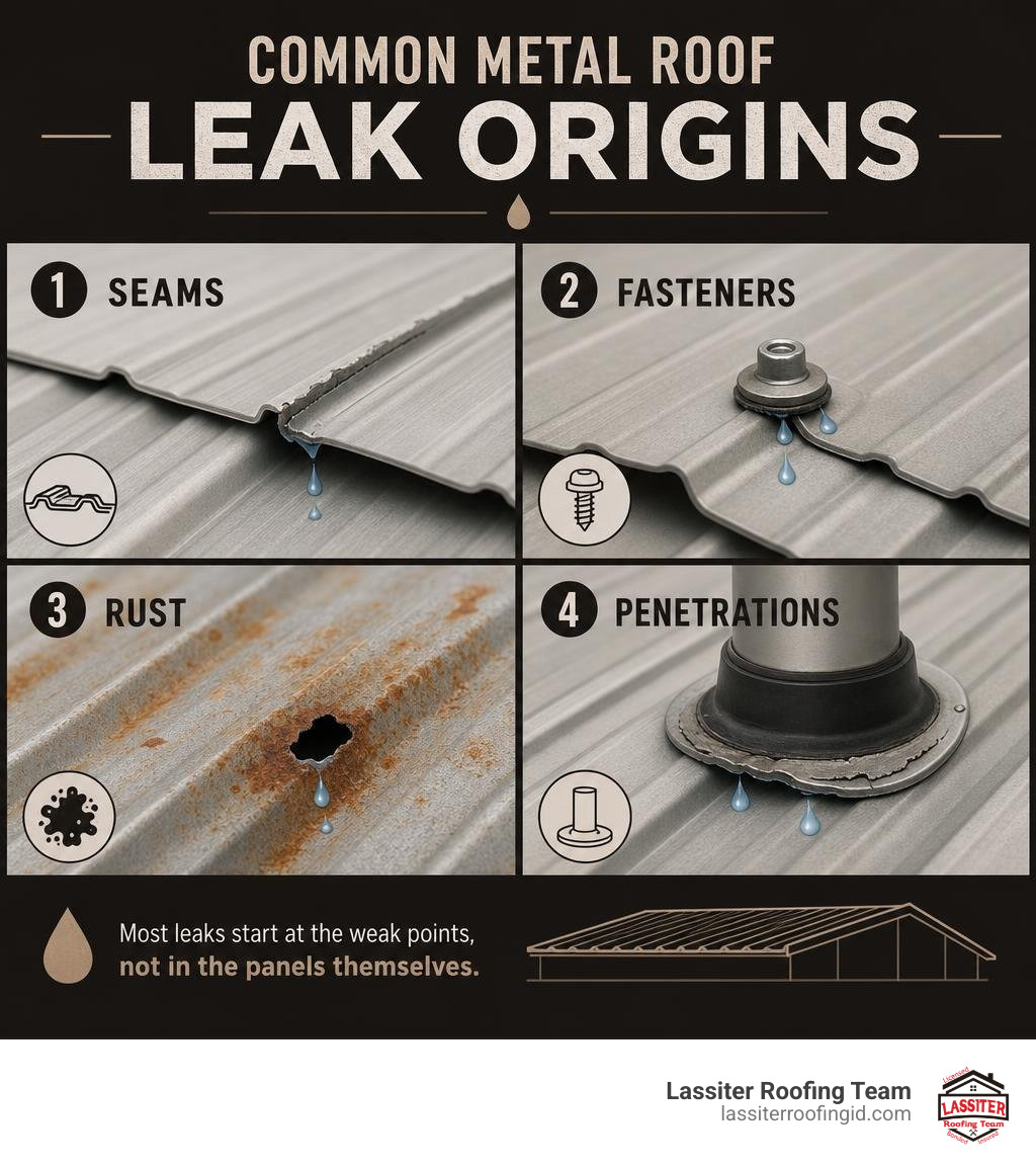 common metal roof leak origins — seams, fasteners, rust, penetrations infographic infographic
