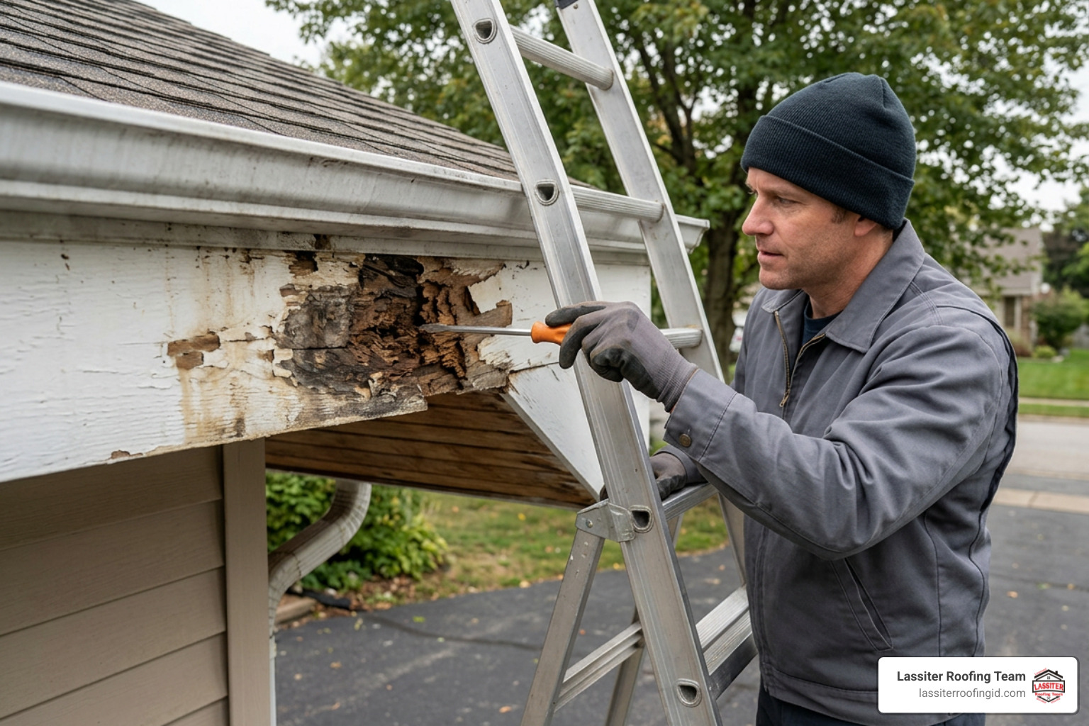 Inspecting rotten fascia board with a screwdriver probe test