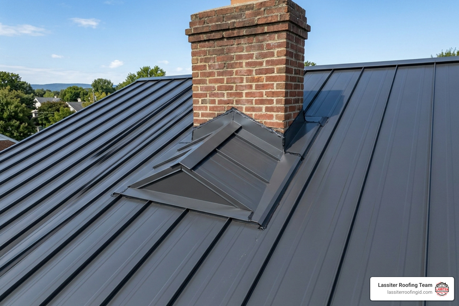 chimney cricket water diverter installed on the uphill side of a metal roof chimney