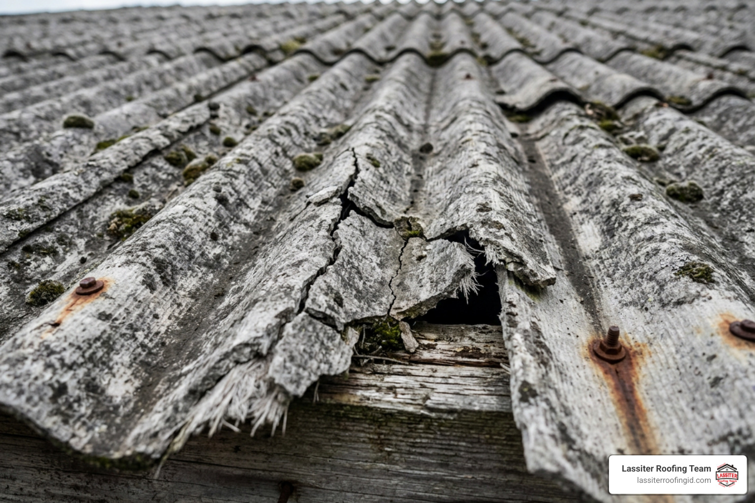 Damaged asbestos roofing panels showing cracks and weathering