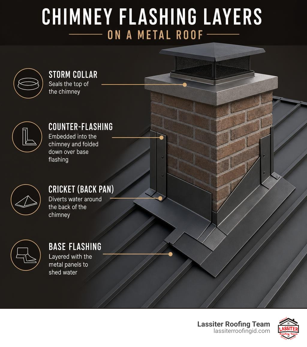 chimney flashing layers on a metal roof showing base flashing, counter-flashing, cricket, and storm collar infographic
