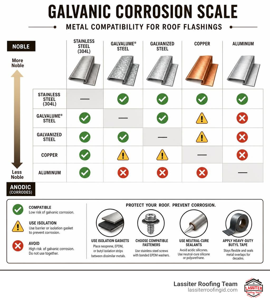 galvanic corrosion scale showing metal compatibility for roof flashings infographic