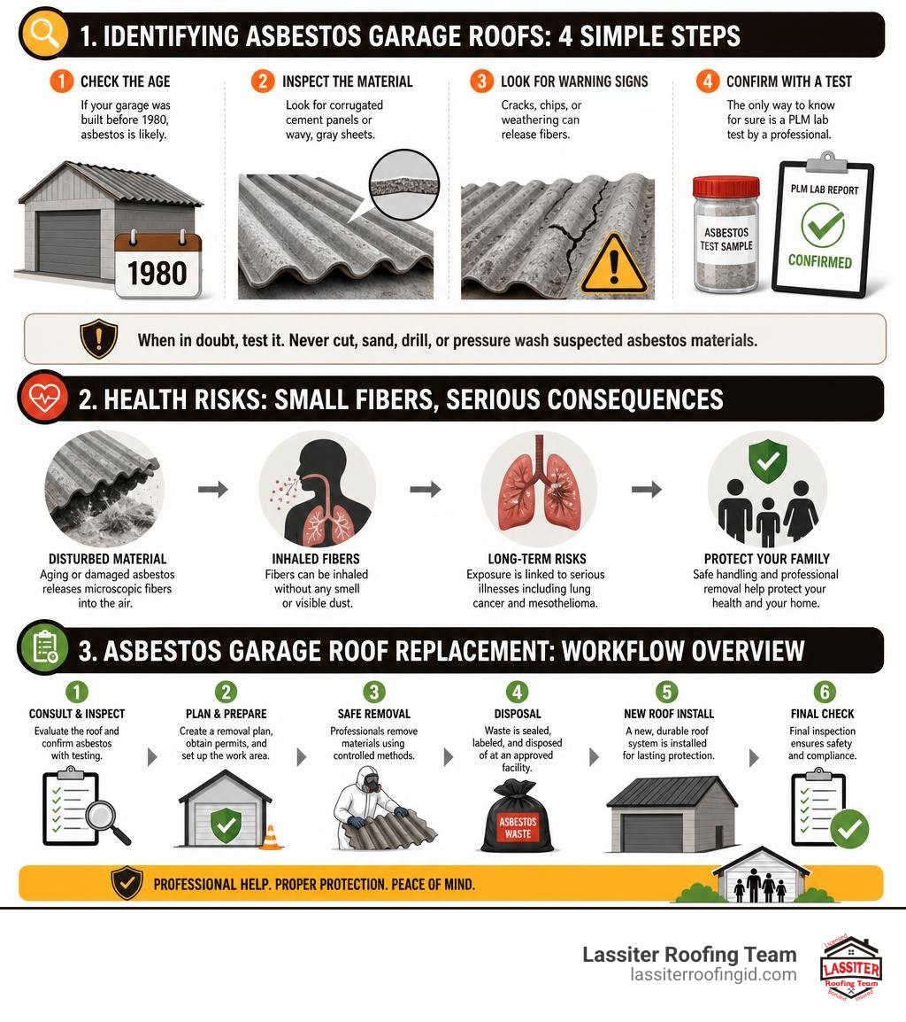 Asbestos garage roof identification steps, health risks, and replacement workflow overview infographic