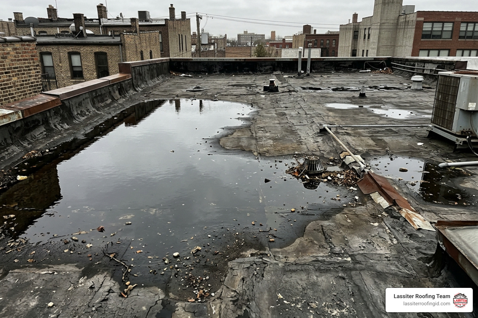 ponding water on an aging flat roof membrane