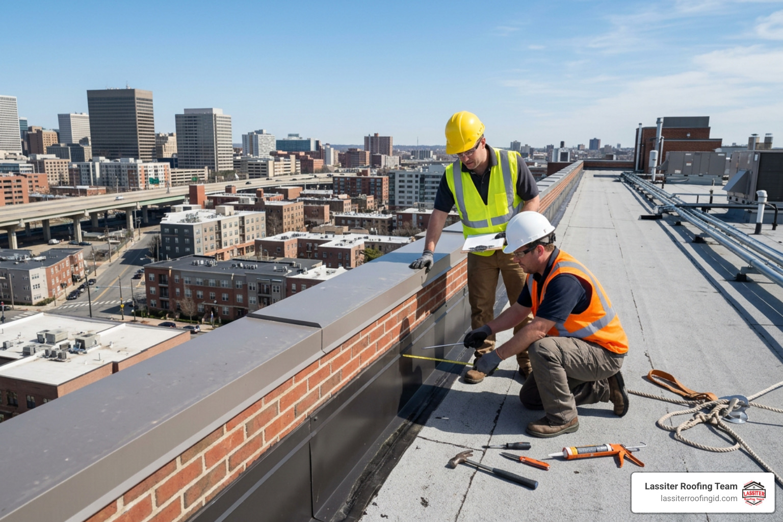roofing contractors inspecting perimeter flashing