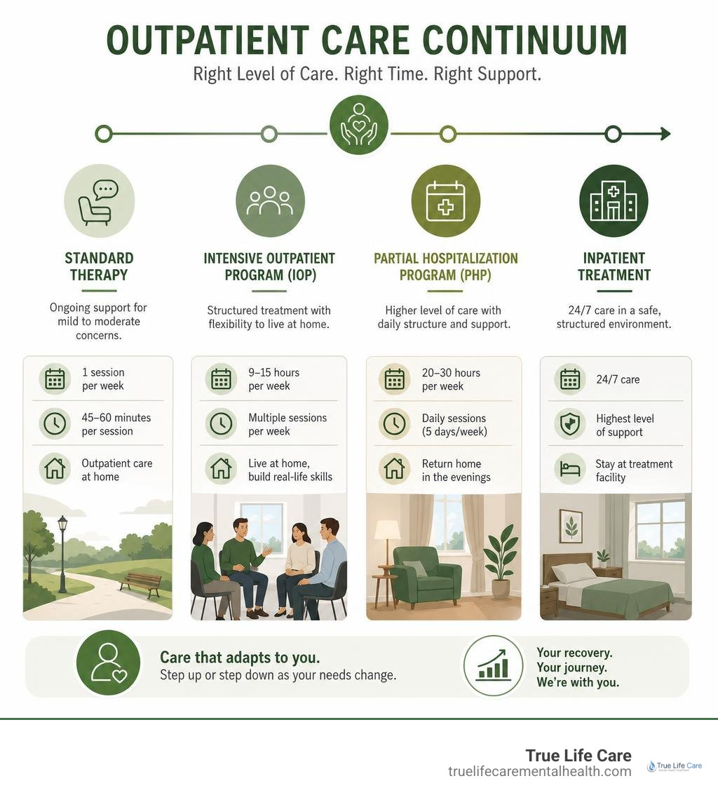 Outpatient care continuum from standard therapy to PHP IOP and inpatient treatment levels infographic