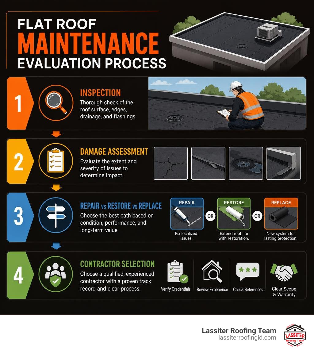 Flat roof maintenance evaluation process: inspection, damage assessment, repair vs restore vs replace decision, contractor