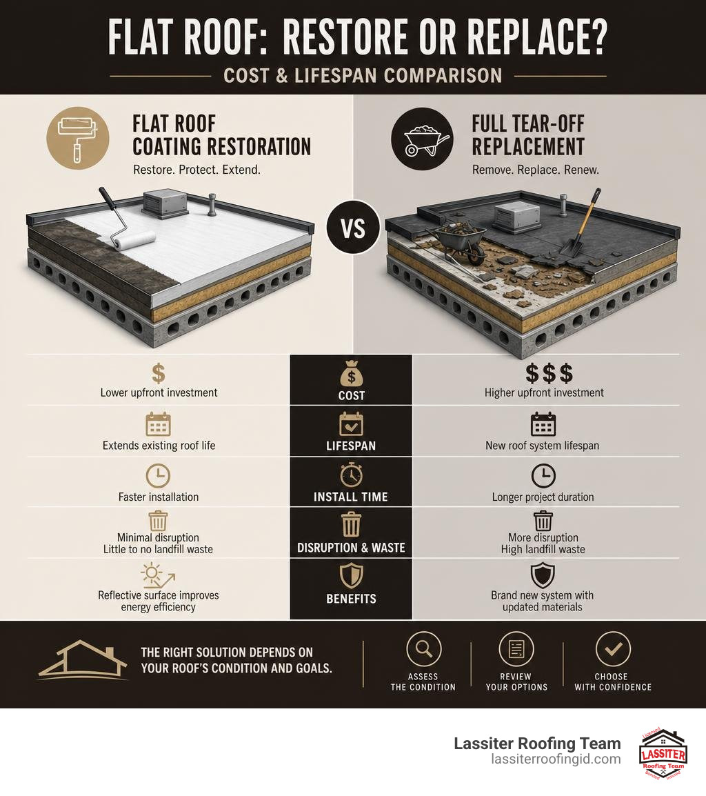 Flat roof coating restoration vs full tear off replacement cost and lifespan comparison infographic