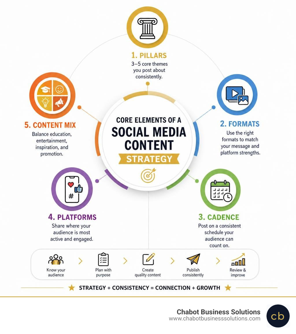 Core elements of a social media content strategy: pillars, formats, cadence, platforms, and content mix infographic