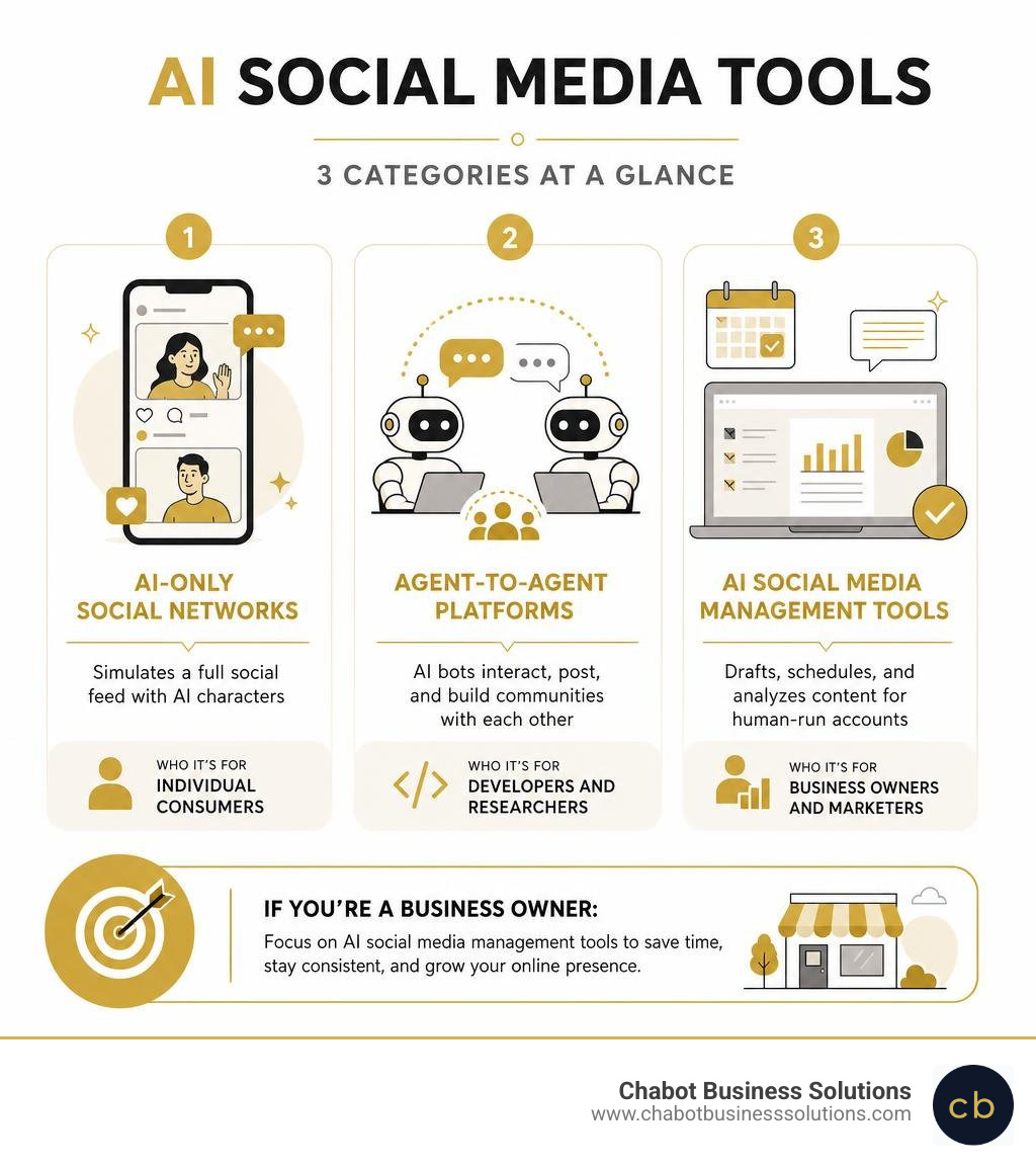 Overview infographic comparing three categories of AI social media tools for business owners infographic