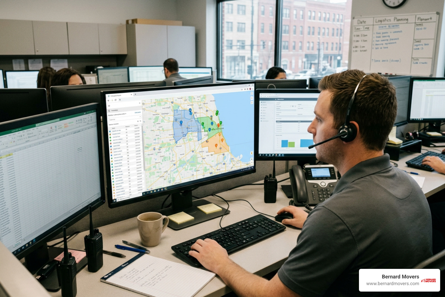 moving company dispatcher reviewing geo-targeted service map of Chicagoland moving company dispatcher reviewing geo-targeted service map of Chicagoland