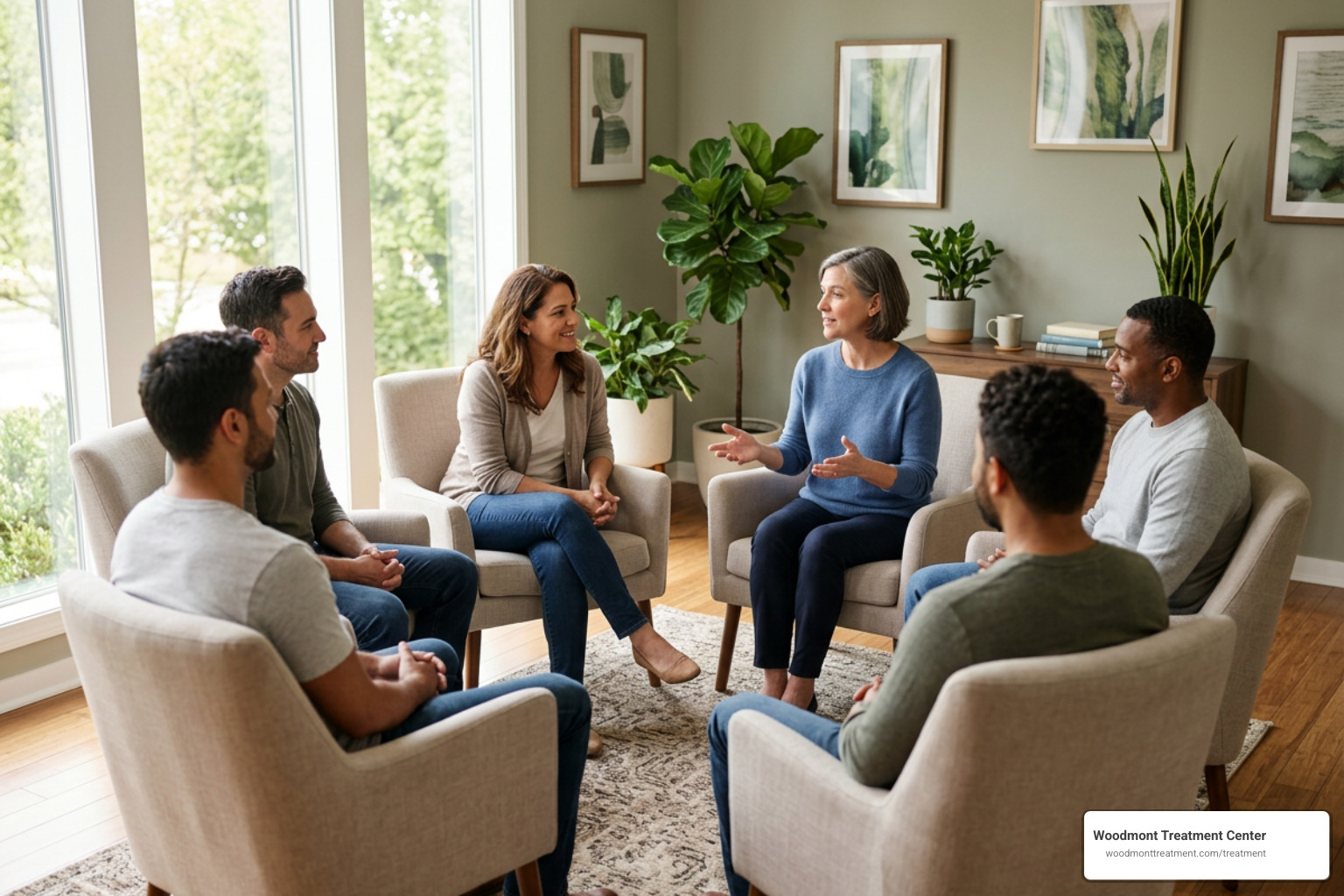 An outpatient group counseling session emphasizing peer connection and relapse prevention An outpatient group counseling session emphasizing peer connection and relapse prevention