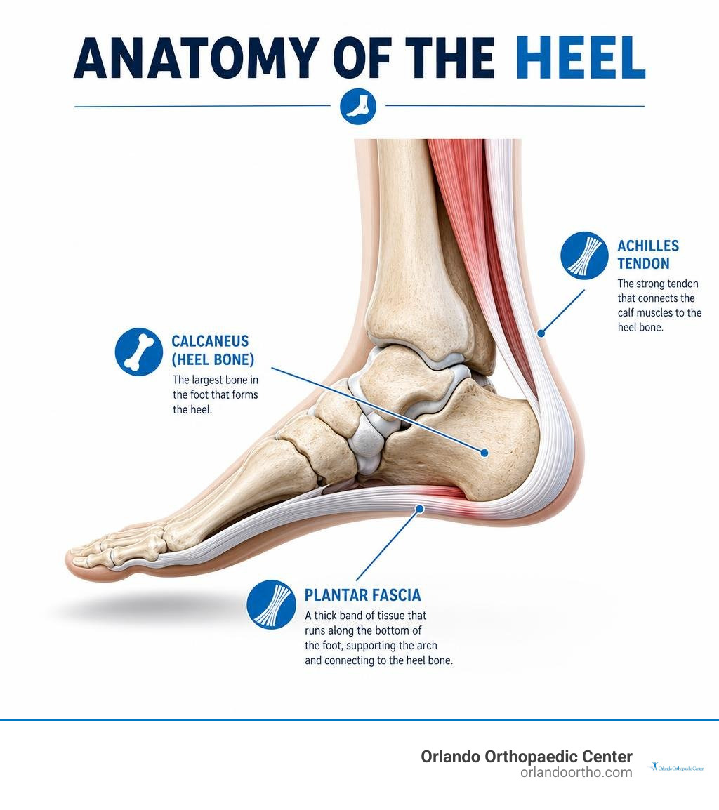 anatomy of the heel showing calcaneus bone, plantar fascia, and Achilles tendon infographic anatomy of the heel showing calcaneus bone, plantar fascia, and Achilles tendon infographic