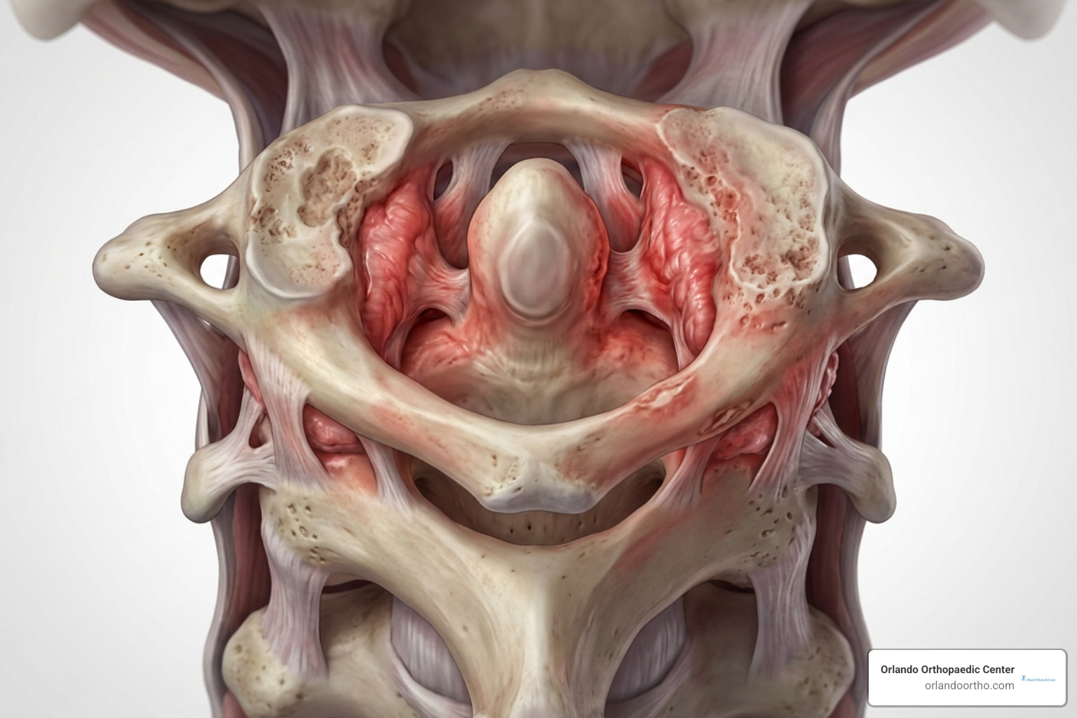 Detailed cross section of cervical spine inflammation showing C1 and C2 vertebral erosion Detailed cross section of cervical spine inflammation showing C1 and C2 vertebral erosion