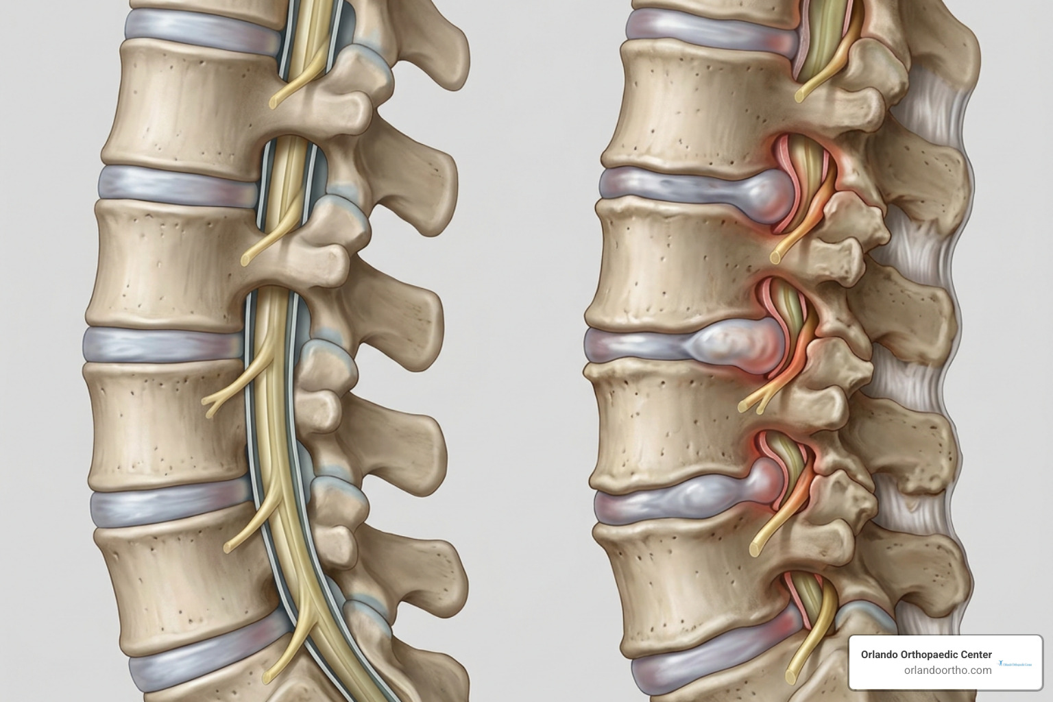 Comparison of healthy spinal canal versus narrowed spinal canal compressing the spinal cord Comparison of healthy spinal canal versus narrowed spinal canal compressing the spinal cord