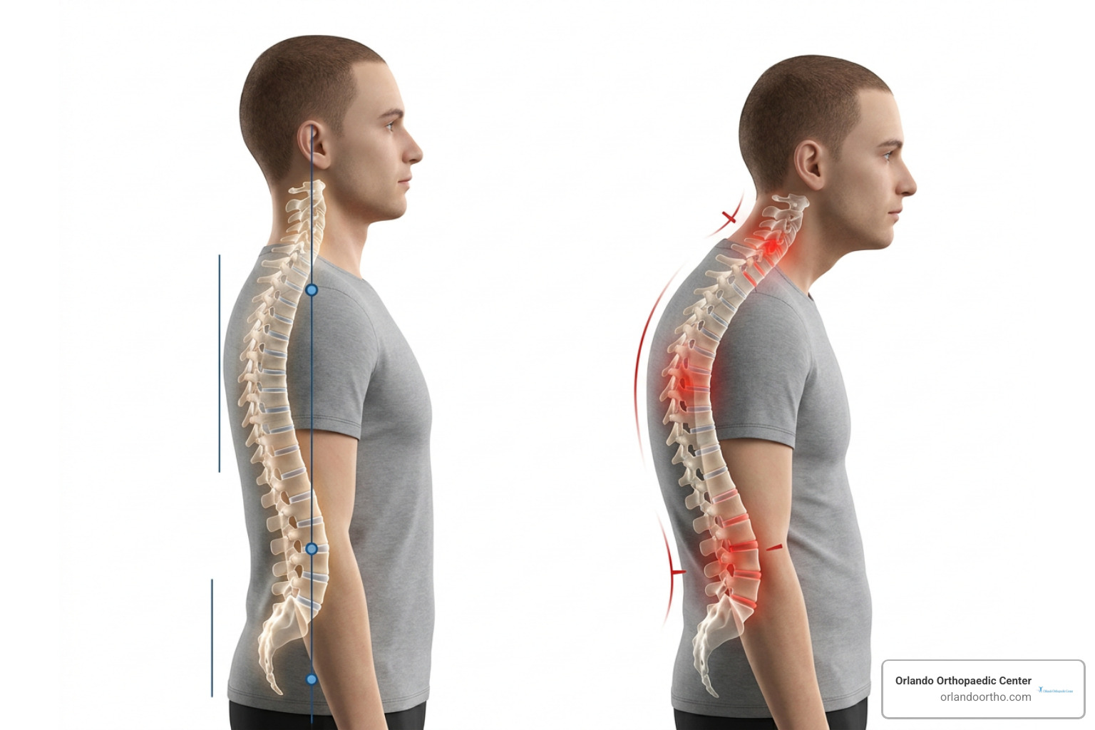 Proper posture alignment versus slouching strain on cervical and lumbar spinal segments Proper posture alignment versus slouching strain on cervical and lumbar spinal segments
