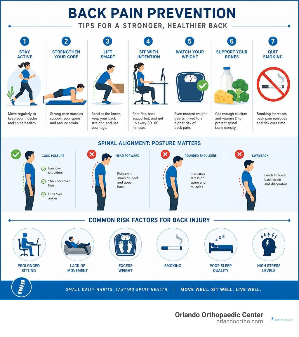 Quick visual guide to back pain prevention tips, spinal alignment, and injury risk factors infographic Quick visual guide to back pain prevention tips, spinal alignment, and injury risk factors infographic