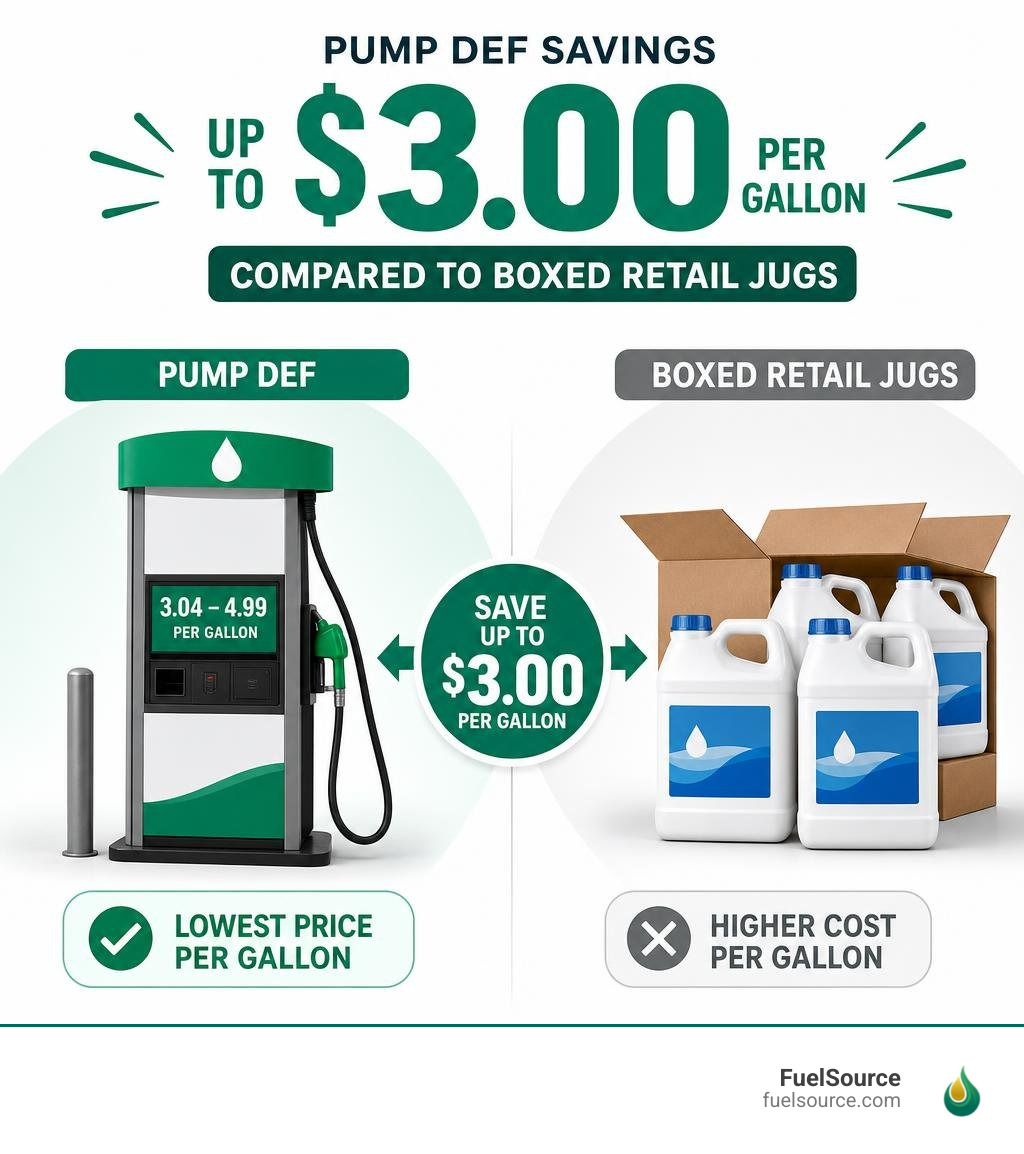 Stat showing pump DEF savings of up to $3.00 per gallon compared to boxed retail jugs infographic Stat showing pump DEF savings of up to $3.00 per gallon compared to boxed retail jugs infographic
