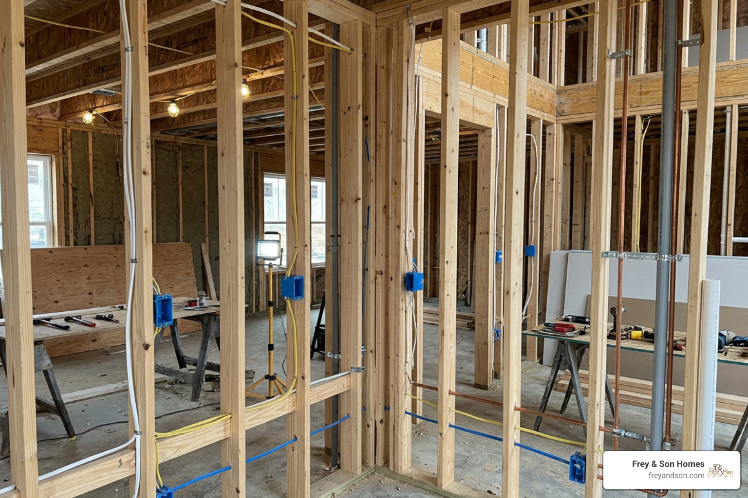 Rough-in electrical conduits and mechanical piping running through exposed wall framing