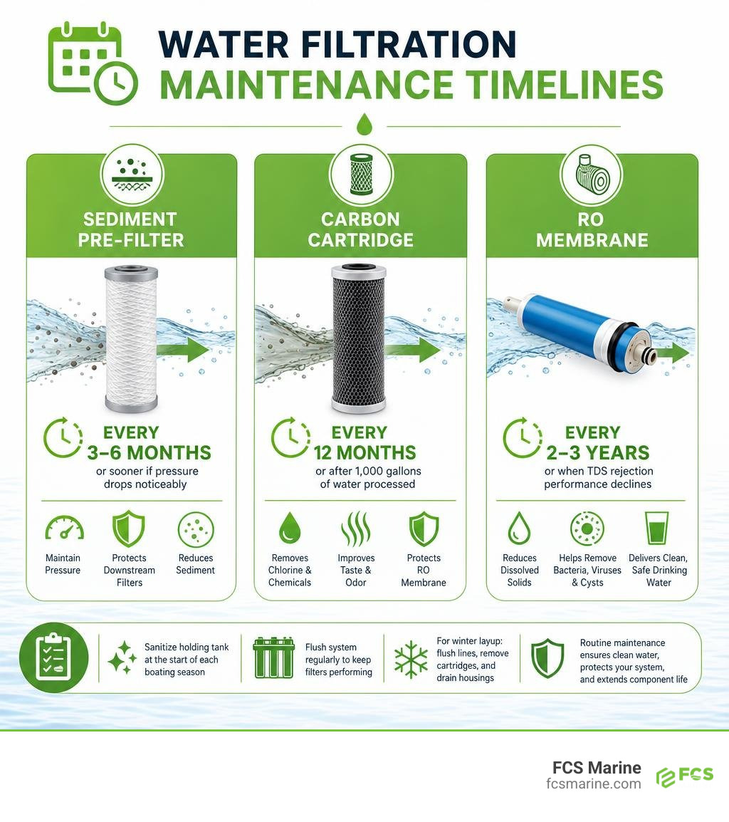 Infographic detailing maintenance timelines for sediment filters, carbon cartridges, and RO membranes infographic