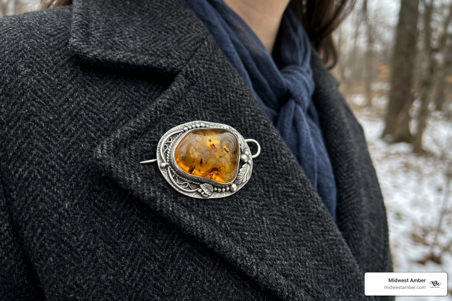 Styling a handcrafted amber pin on a winter wool coat lapel Styling a handcrafted amber pin on a winter wool coat lapel
