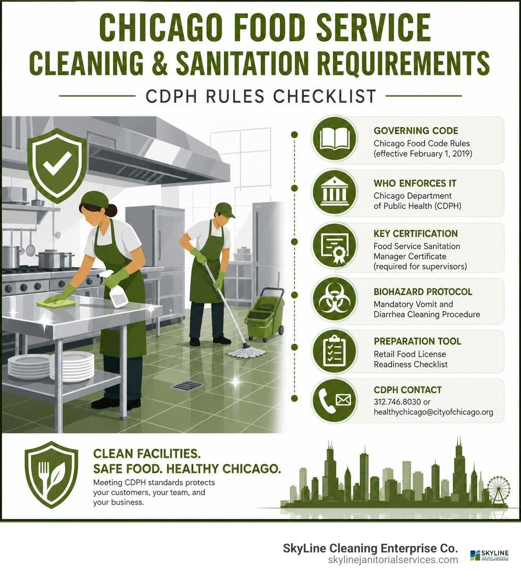 Chicago food service cleaning sanitation requirements infographic showing CDPH rules checklist infographic Chicago food service cleaning sanitation requirements infographic showing CDPH rules checklist infographic