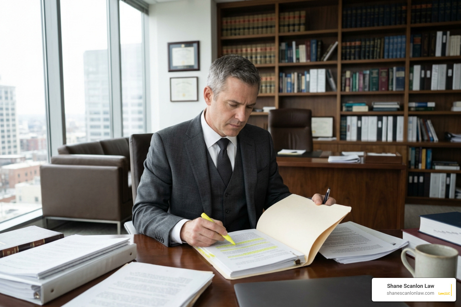 Attorney carefully examining a case file in a law firm office Attorney carefully examining a case file in a law firm office