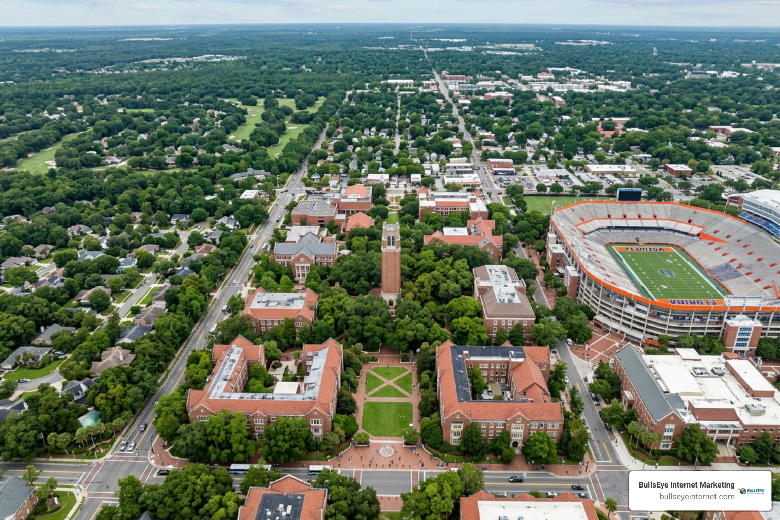 Aerial view of Gainesville, Florida, showcasing the University of Florida campus and Ben Hill Griffin