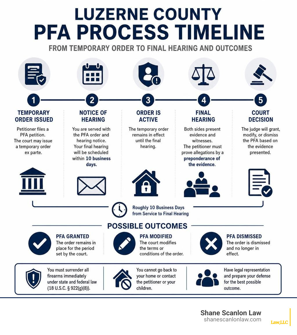 Luzerne County PFA process timeline from temporary order to final hearing and outcomes infographic Luzerne County PFA process timeline from temporary order to final hearing and outcomes infographic