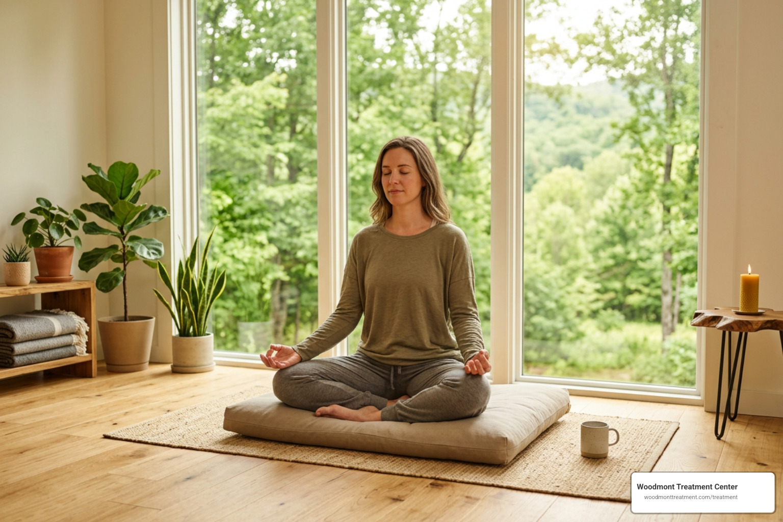 Serene holistic therapy session in a warm, light-filled room overlooking nature