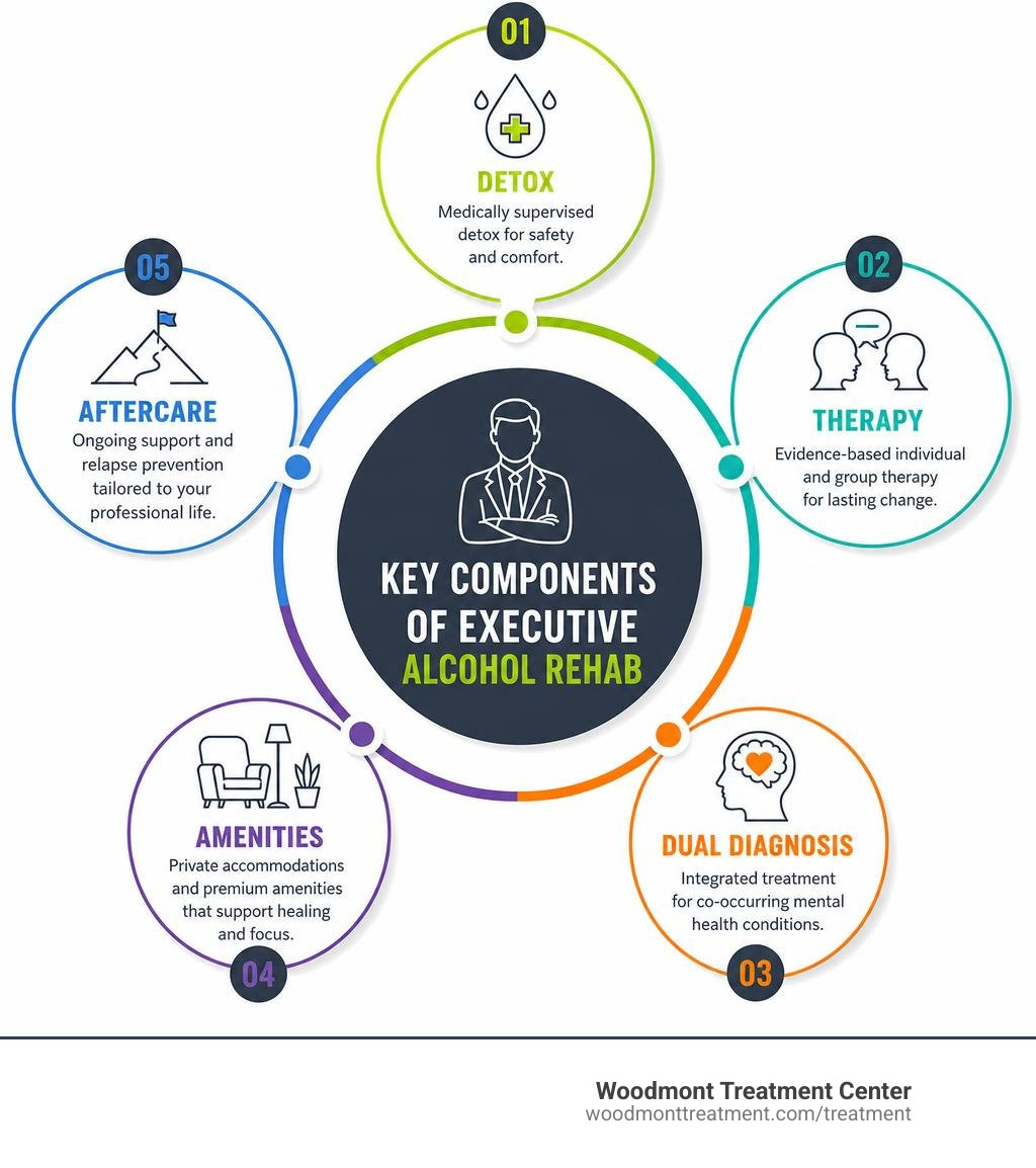 Key components of executive alcohol rehab: detox, therapy, dual diagnosis, amenities, aftercare infographic