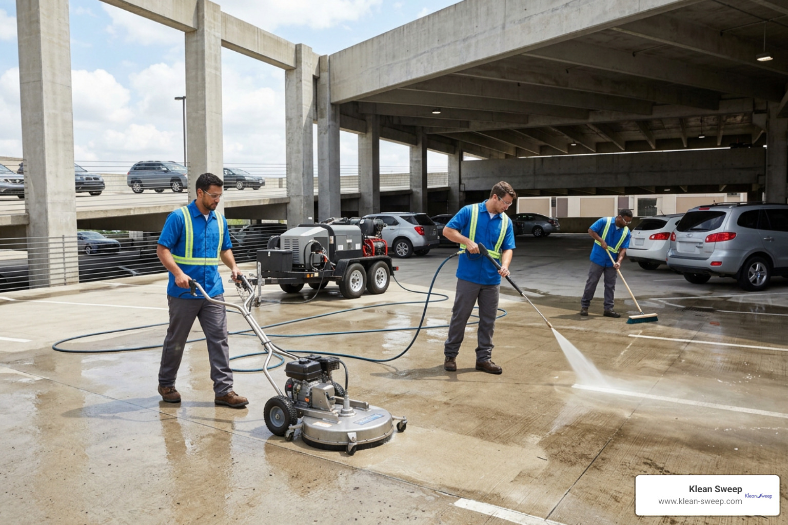 Commercial power washing team in blue uniforms restoring parking garage concrete surface