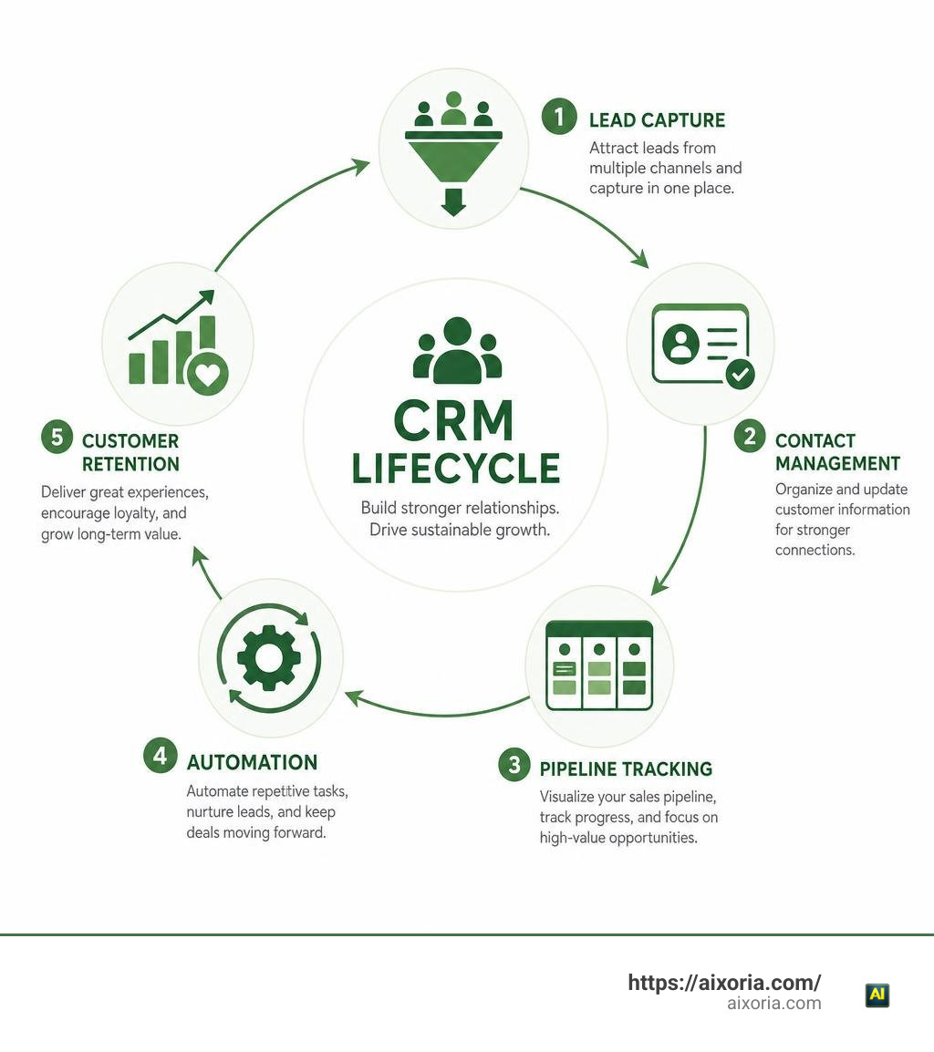 CRM lifecycle infographic showing lead capture, contact management, pipeline tracking, automation, and customer retention