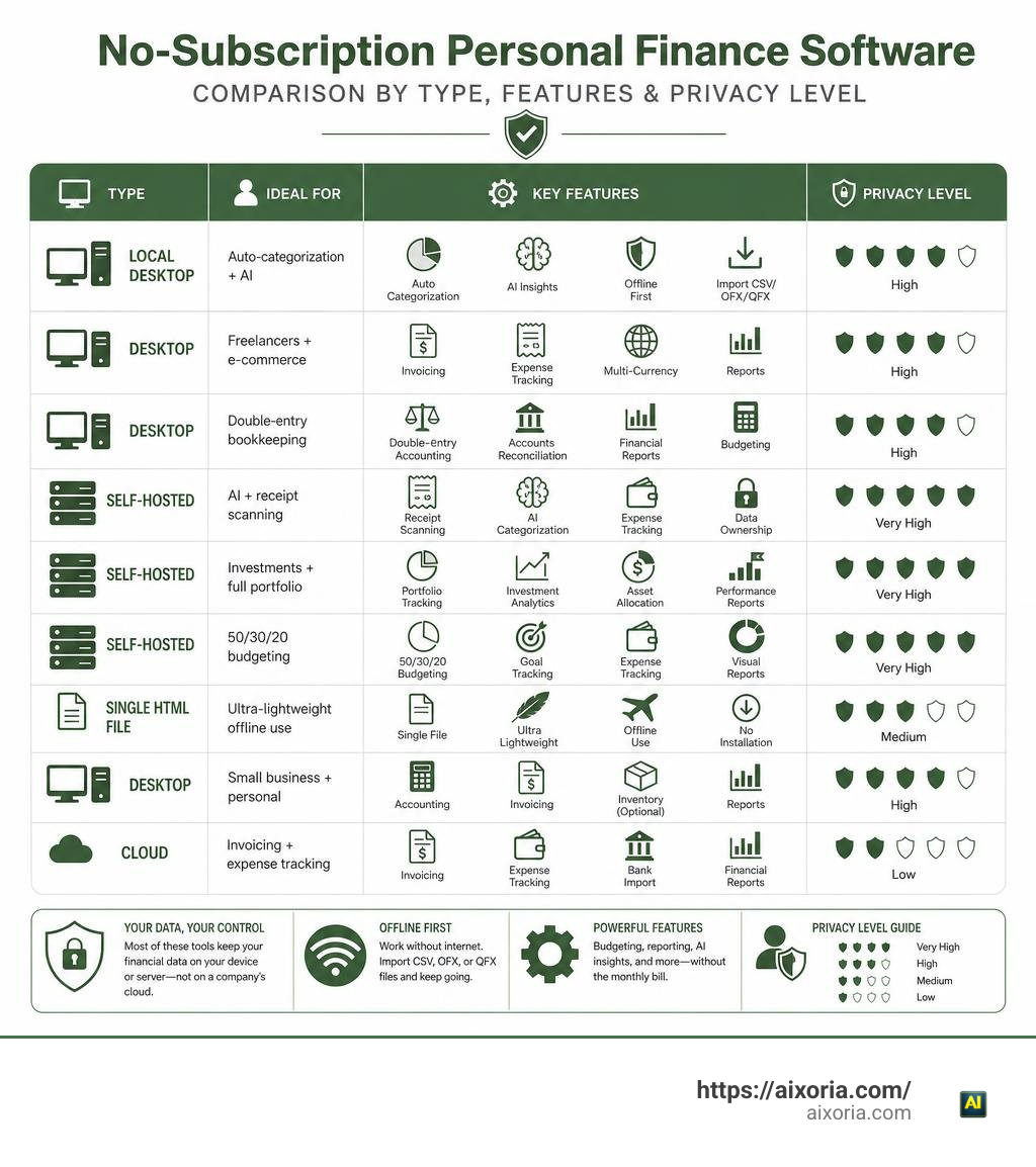 Comparison of no-subscription personal finance software options by type, features, and privacy level infographic