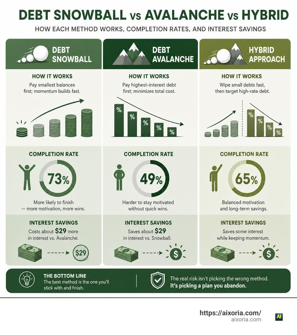 Debt snowball vs avalanche vs hybrid: how each method works, completion rates, and interest savings infographic