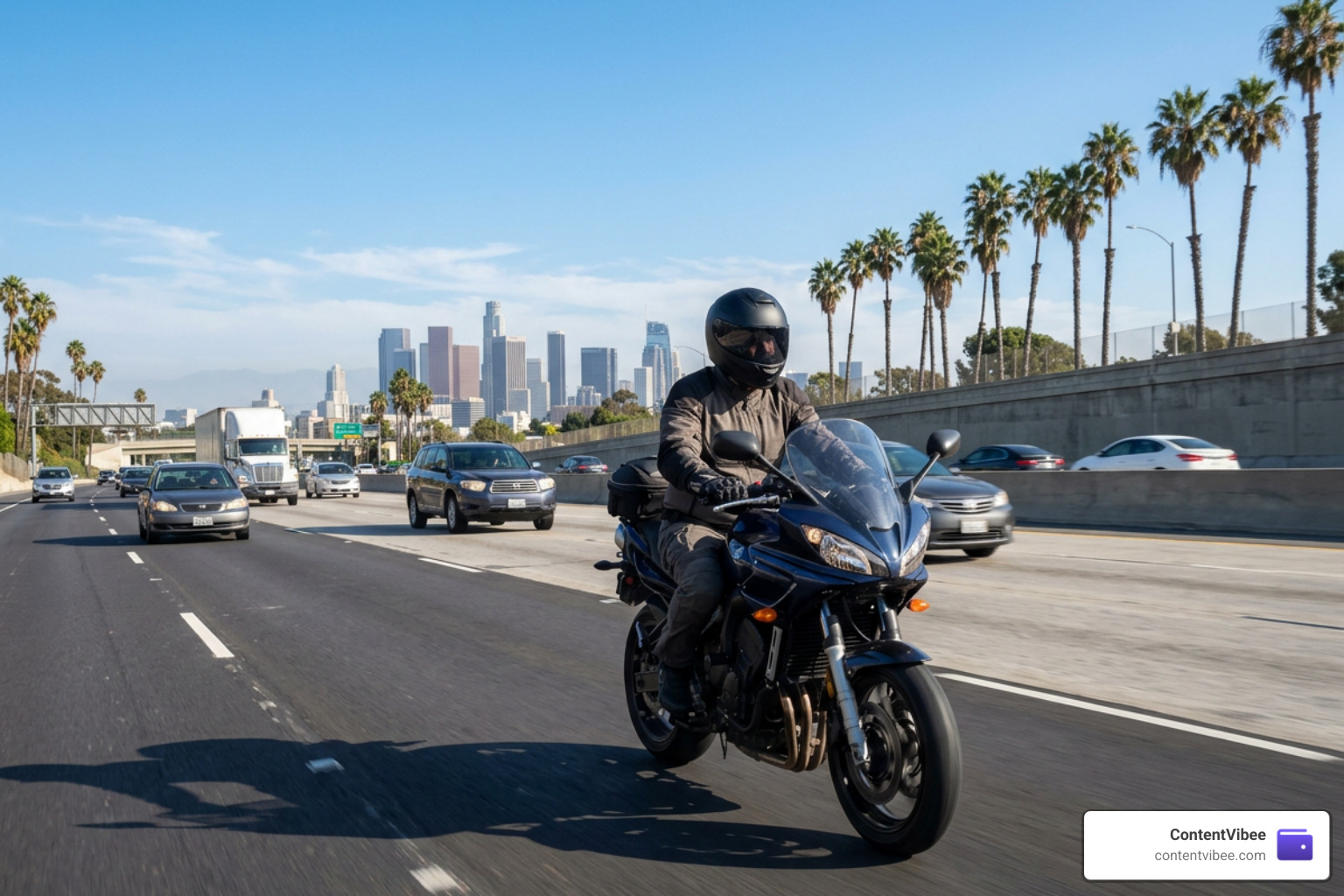 Motorcyclist riding legally on a Los Angeles freeway