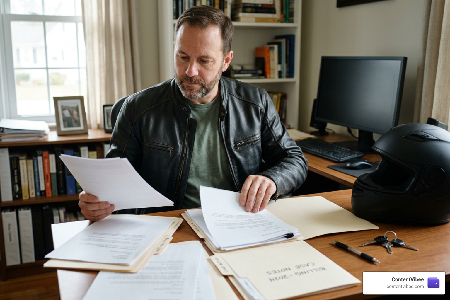 Rider organizing medical records, billing statements, and accident documentation