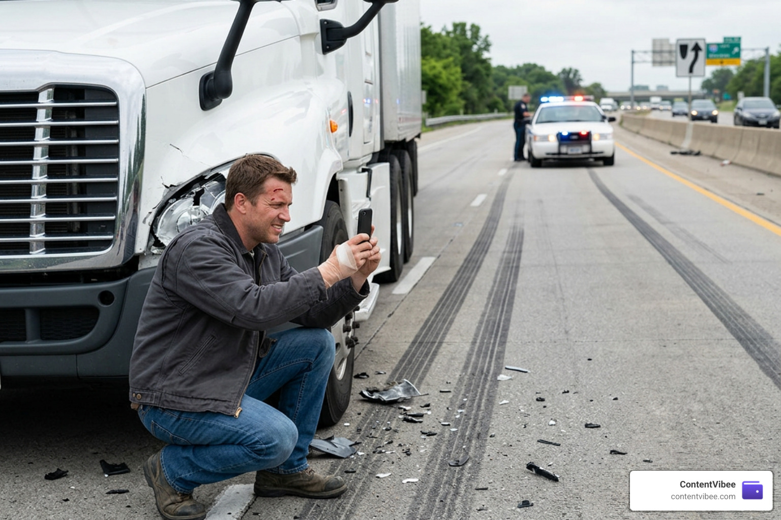 injured driver taking photos of commercial truck crash scene