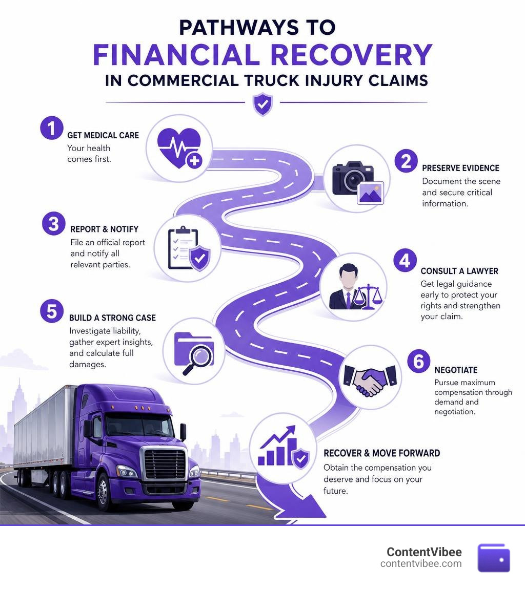 Pathways to financial recovery in commercial truck injury claims infographic