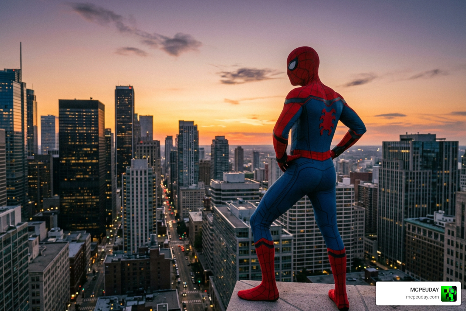 Spider-Man suit standing in a Minecraft city Spider-Man suit standing in a Minecraft city